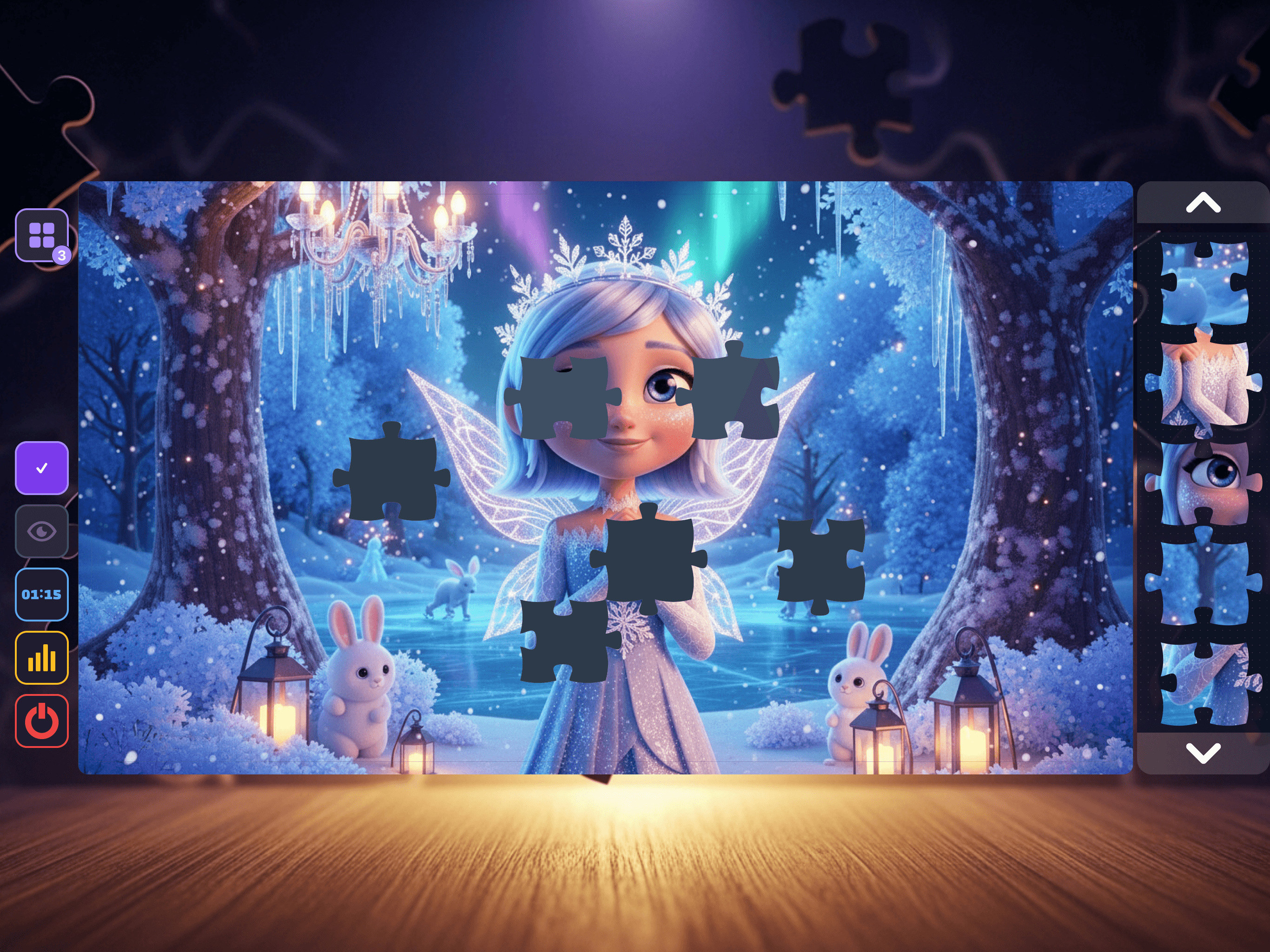 Smart Puzzle gameplay screenshot showing jigsaw pieces being placed on a tablet