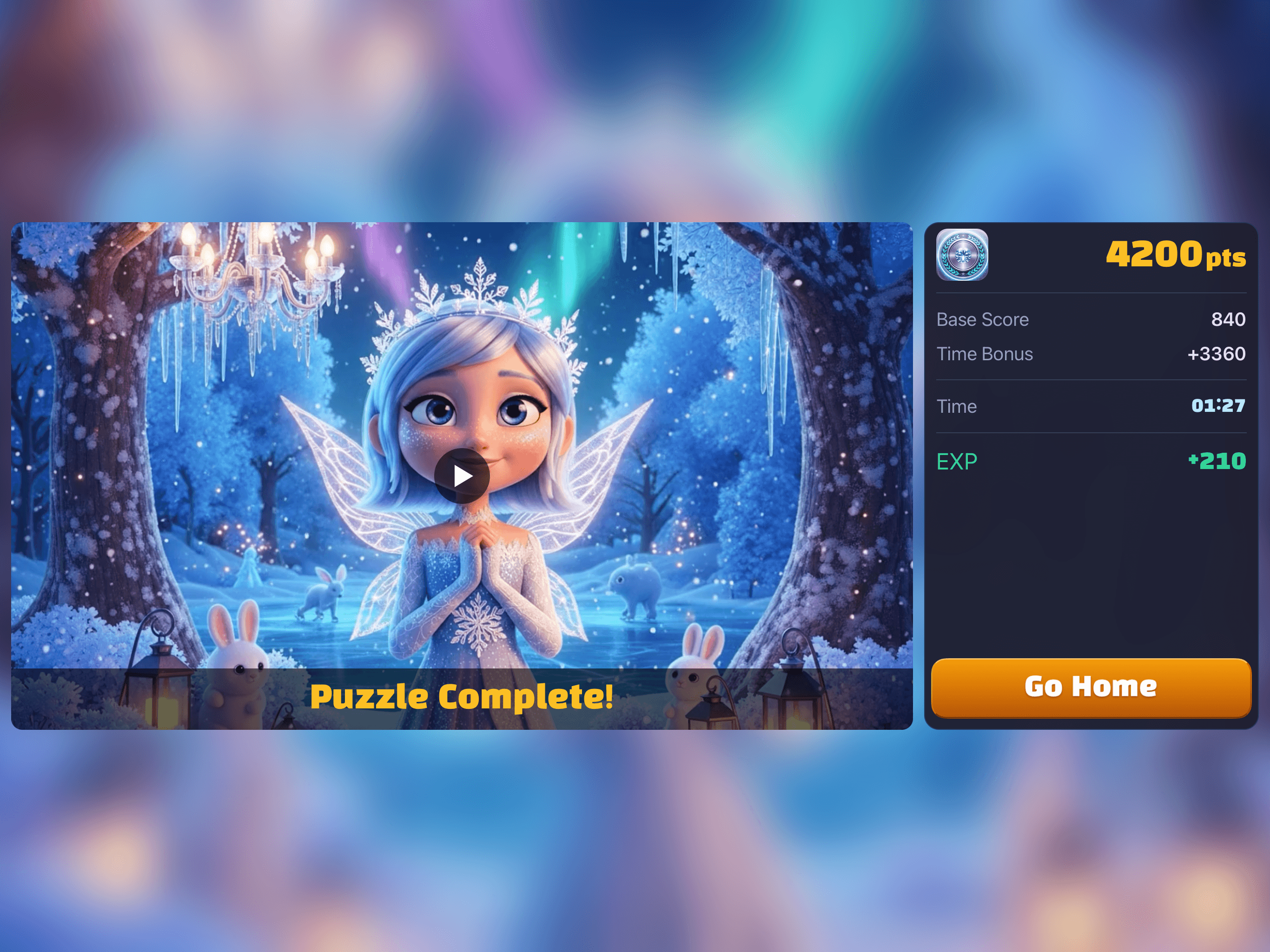 Smart Puzzle completion screen showing earned points and XP bonuses